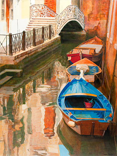 Oil painting of a blue boat on Rio San Maurizio and Ponte de la Malvasia Vecchia, Venice by artist Trevor Heath