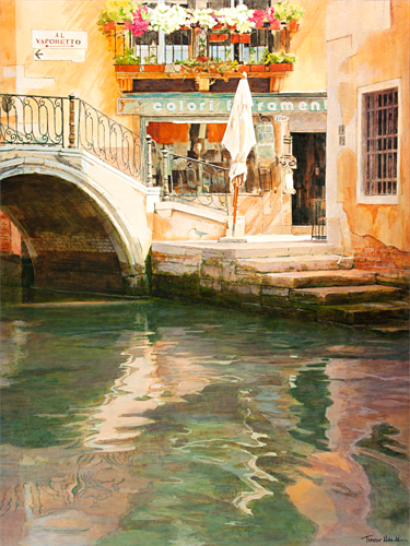 Oil painting of a mooring by Ponte del Megio, Santa Croce, Venice by artist Trevor Heath