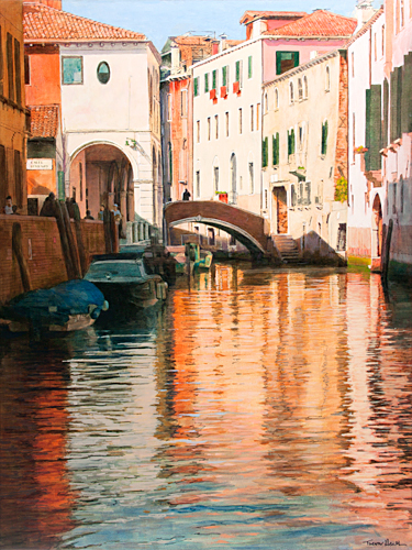 Oil painting of Sun setting on Rio San Antonin, Venice by artist Trevor Heath