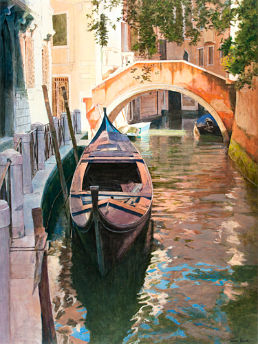 Oil painting of a traghetto on Rio de San Toma, Venice by artist Trevor Heath