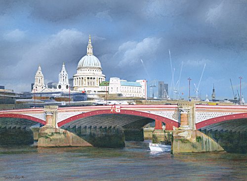 Acrylic painting across the Thames of St Paul's Cathedral and Blackfriars Bridge by artist Trevor Heath also available as a limited edition digital print