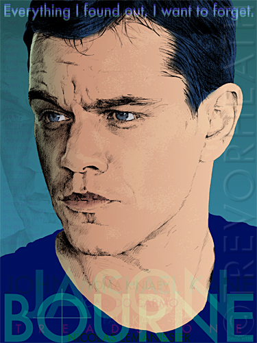 Portrait of Matt Damon as Jason Bourne original print by pop artist Trevor Heath