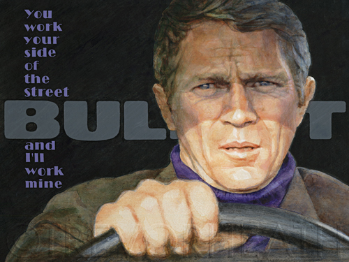 Portrait of Steve McQueen as Frank Bullitt original digital print by pop artist Trevor Heath