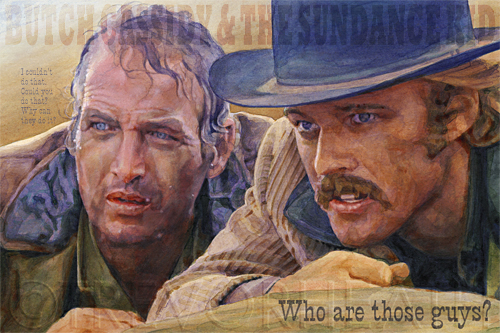 Portrait print of Paul Newman and Robert Redford as Butch Cassidy and the Sundance Kid, Who are those guys? original digital print by pop artist Trevor Heath