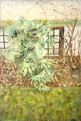 The fatsia japonina in the front garden from my window painted by artist Trevor Heath