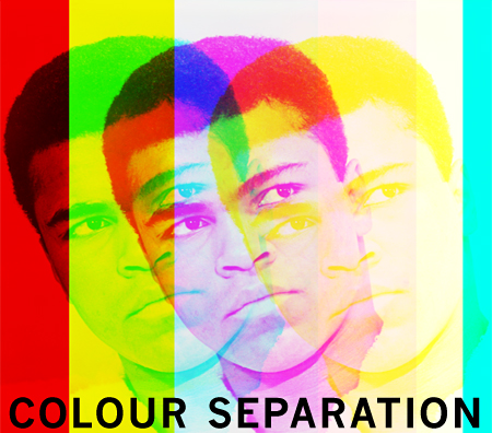 Colour separation, a digital image of Muhammad Ali created by pop artist Trevor Heath