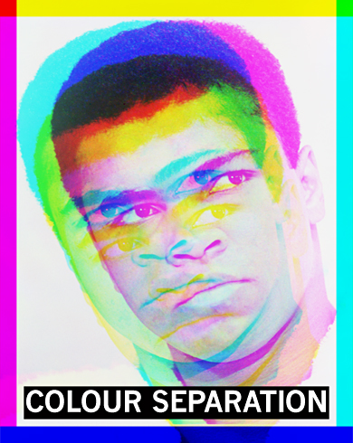Colour separation 2, a digital image of Muhammad Ali created by pop artist Trevor Heath