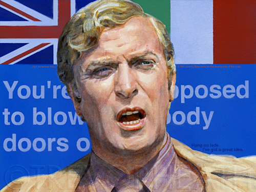 Portrait of Michael Caine as Charlie Croker in The Italian Job, Bloody doors, original digital print by pop artist Trevor Heath