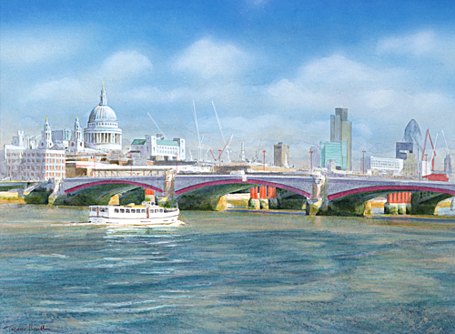 Acrylic painting of a boat cruising on the River Thames past St Paul's Cathedral by artist Trevor Heath also available as a limited edition digital print