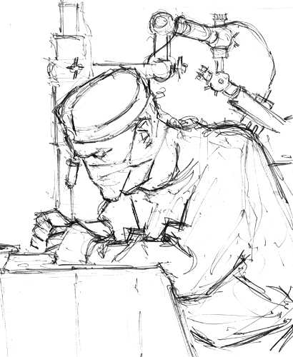 David in the operating theatre during an ear operation drawn by artist Trevor Heath