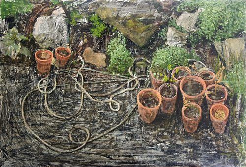 Flowerpots in the back garden at Poplar Road painted by Trevor Heath