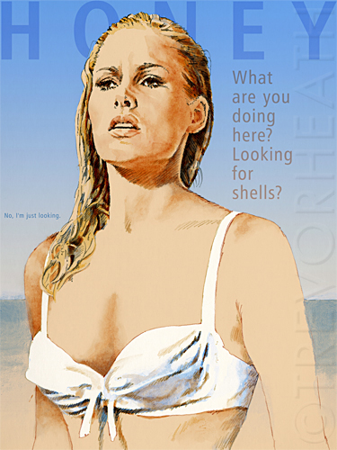 Portrait of Ursula Andress as Honey Ryder original print by pop artist Trevor Heath