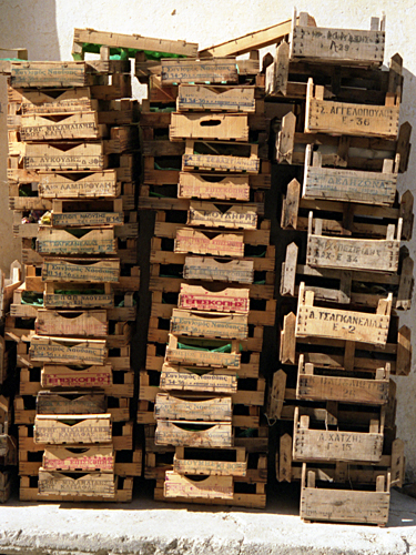 Stacked crates at Lixouri, Kefalonia photographed by pop artist Trevor Heath