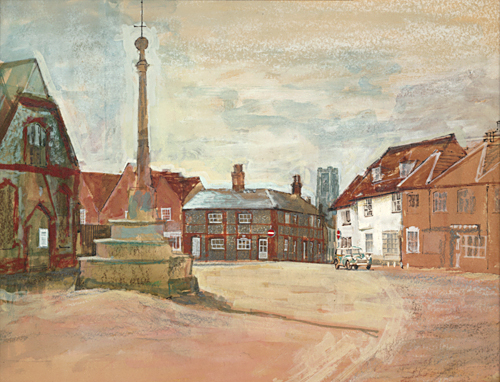 Lavenham market place painted by Trevor Heath when an art student aged 18