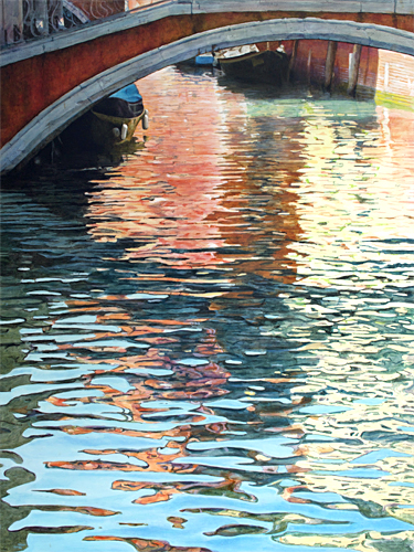 Oil painting of reflections of Ponte del Mondo Novo, Venice, by artist Trevor Heath