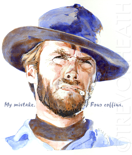 Portrait print of Clint Eastwood as The Man With No Name in Fistful of Dollars, My mistake. Four coffins, original print by pop artist Trevor Heath