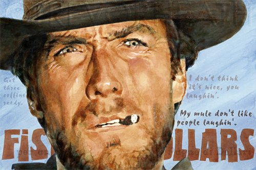 Portrait of Clint Eastwood as The Man With No Name, My mule don't like people laughin', original digital print by pop artist Trevor Heath