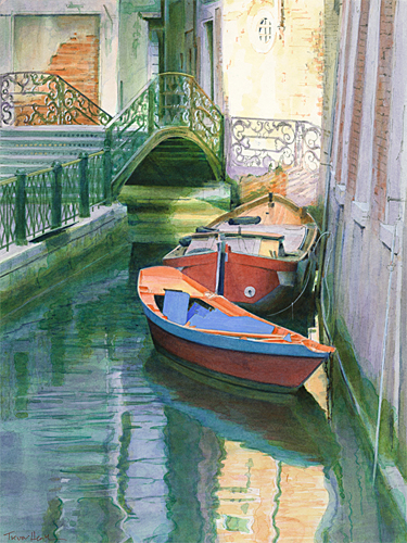 Acrylic painting of Ponte de la Malvasia Vecchia sul Rio San Maurizio, Venice by Trevor Heath also available as a limited edition digital print