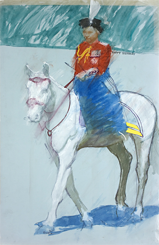 Happy birthday Queen at the trooping of the colour painted by pop artist Trevor Heath when an art student aged 19