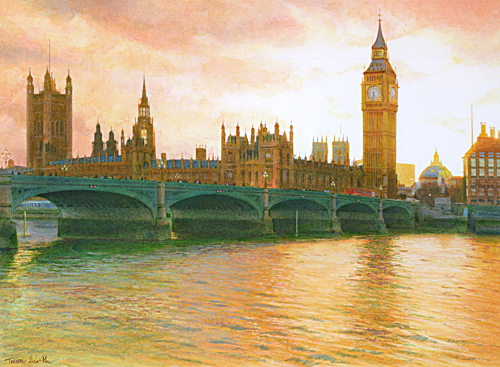 Acrylic painting of Thames reflections of the Houses of Parliament and Westminster Bridge at sunset by Trevor Heath also available as a limited edition digital print