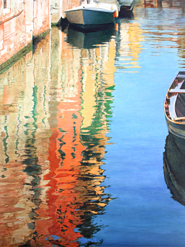 Oil painting of reflections on Rio de Santa Sofia, Cannaregio, Venice by artist Trevor Heath