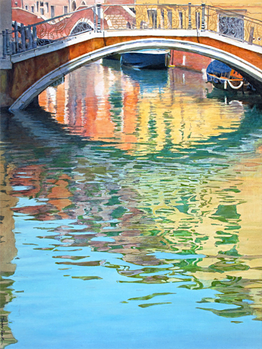 Oil painting of Ponte del Mondo Novo reflections, Venice by artist Trevor Heath