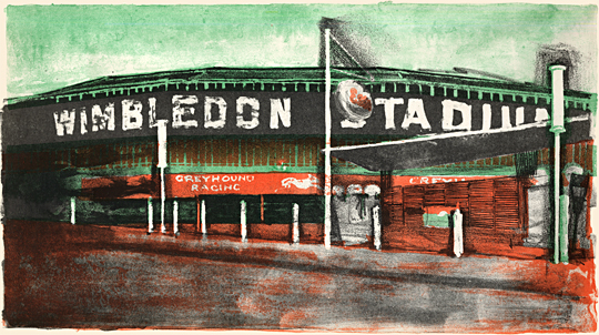 Wimbledon Stadium and Esso petrol station litho print by pop artist Trevor Heath when an art student aged 18