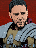 An original portrait print of Russell Crowe as Maximus in Gladiator by pop artist Trevor Heath
